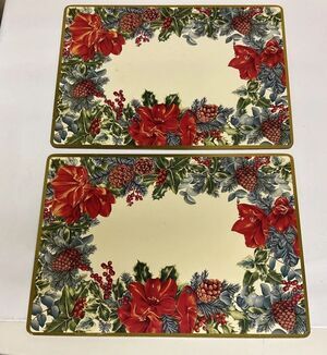 2- Vintage HARD PLACEMATS CORK BACK 12"x16" poinsettia flower pinecone CHRISTMAS